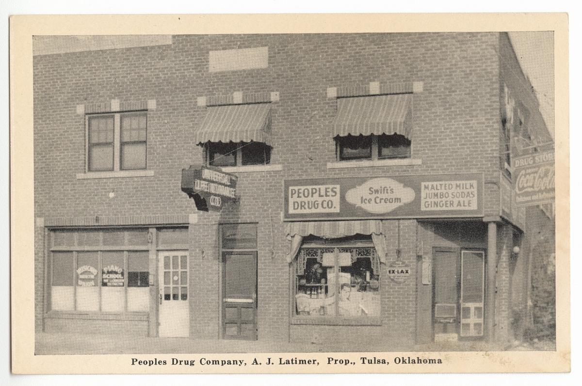 Vintage photograph of the Peoples Drug Company storefront, A.J. Latimer proprietor, Tulsa, Oklahoma