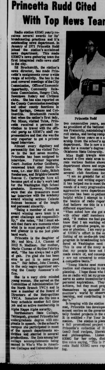 Newspaper clipping honoring Princetta Rudd for her KRMG radio news reporting