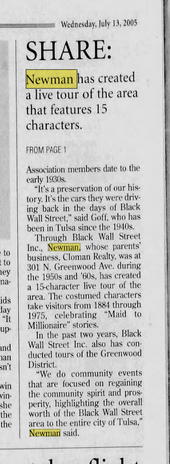 Tulsa World clipping describing Newman's costumed 15-character living history tour of Black Wall Street