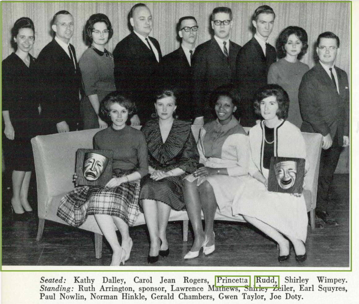Yearbook photograph of a college drama fraternity, with Princetta Rudd seated among the group