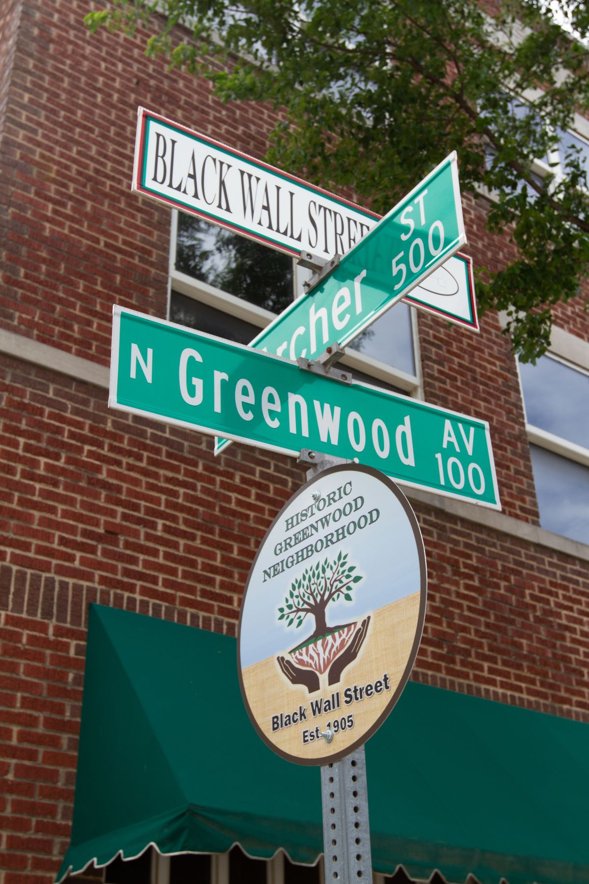 Street signs marking the intersection of Black Wall Street and North Greenwood Avenue